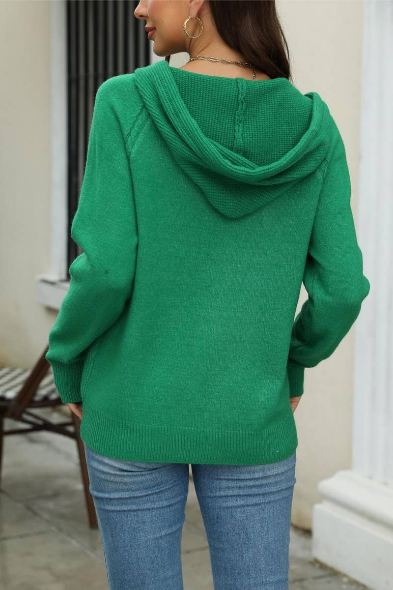 CWOCAL1615_HOODED DRAWSTRING ZIPPER KNIT CARDIGAN