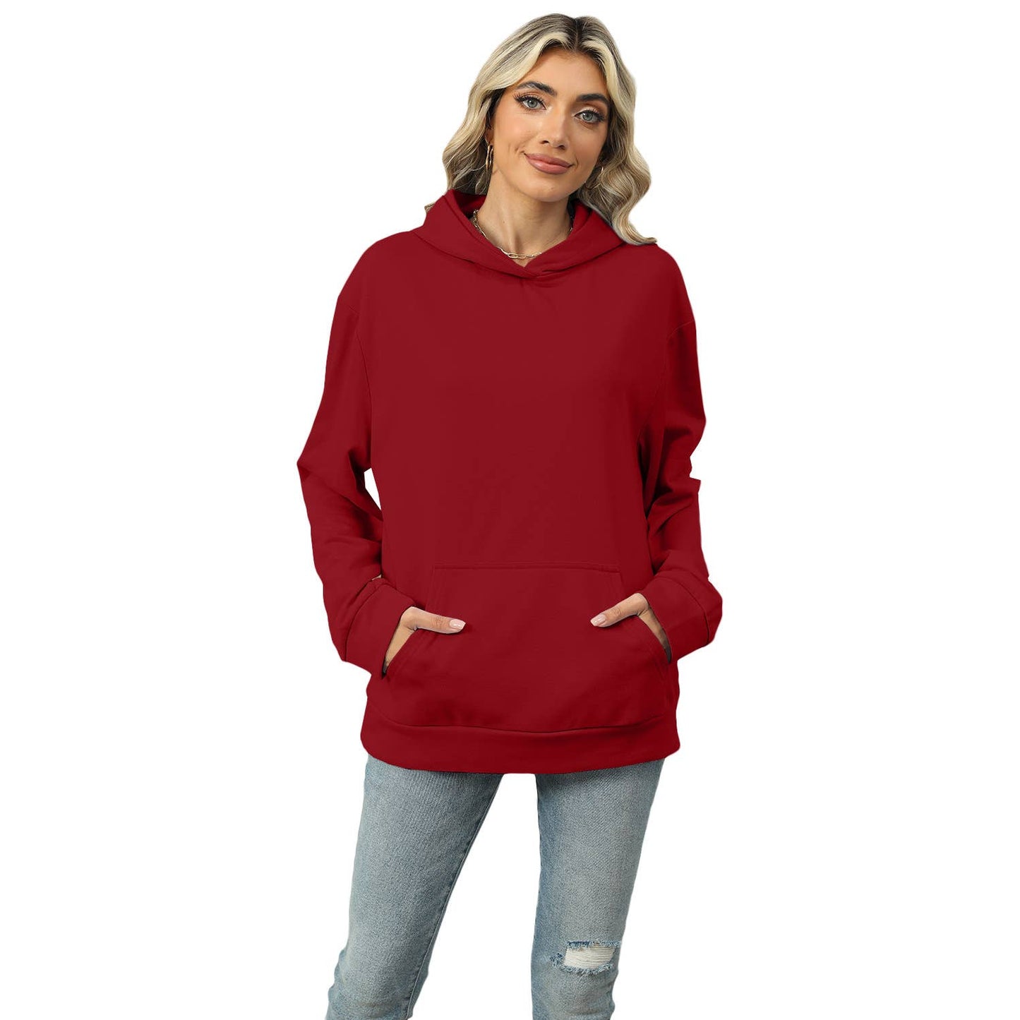 CASUAL HOODED POCKET HOODIE SOLID COLOR TOP