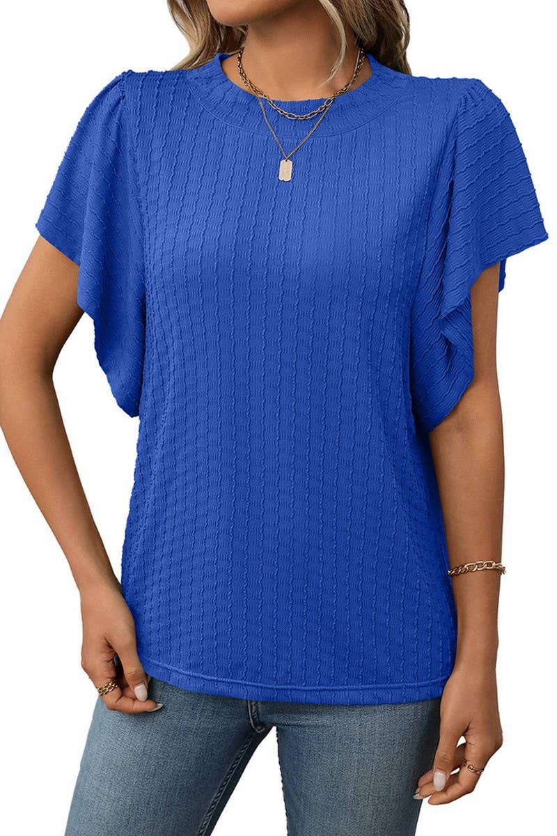 CWTBLS1718_SOLID COLOR ROUND NECK RUFFLE SLEEVE TOP
