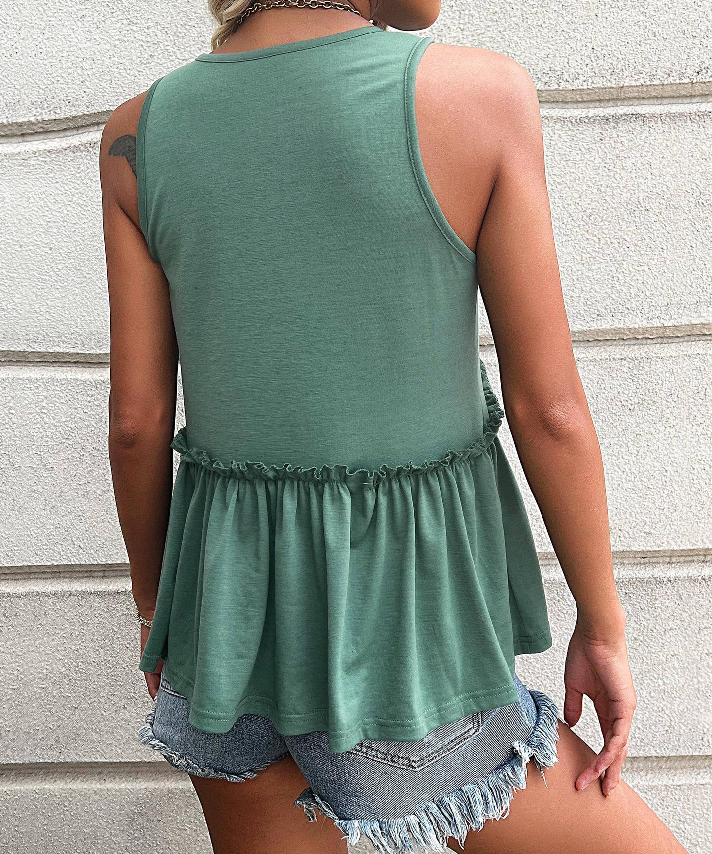 Casual V Neck Sleeveless Patchwork Babydoll Top