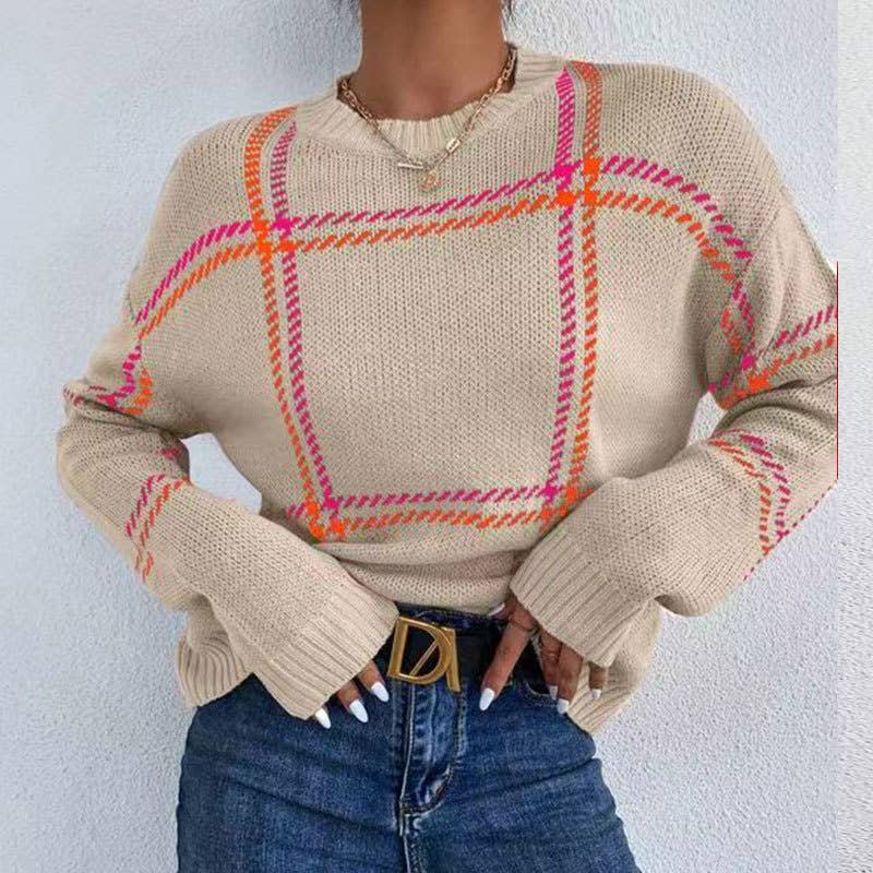 Checkered color-blocked round-neck sweater
