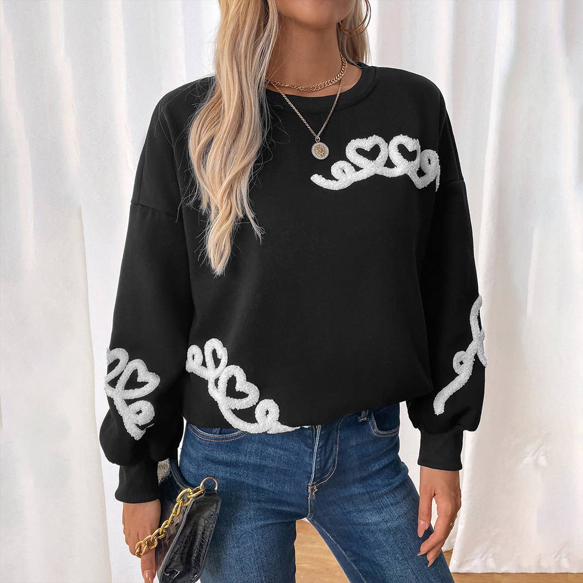 CASUAL ROUND NECK LOVE TOWEL EMBROIDERED HOODIE