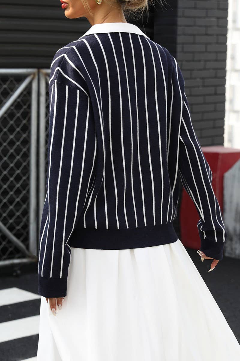 CWOSWL6899_COLLARED CASUAL STRIPED KNIT LONG SLEEVE SWEATER