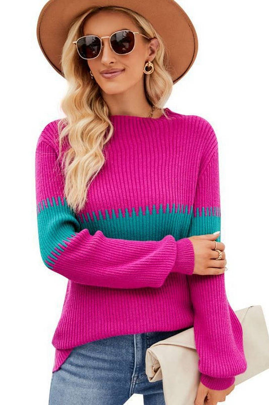 CWOSWL2676_CONTRAST COLOR PANEL LOOSE SWEATER