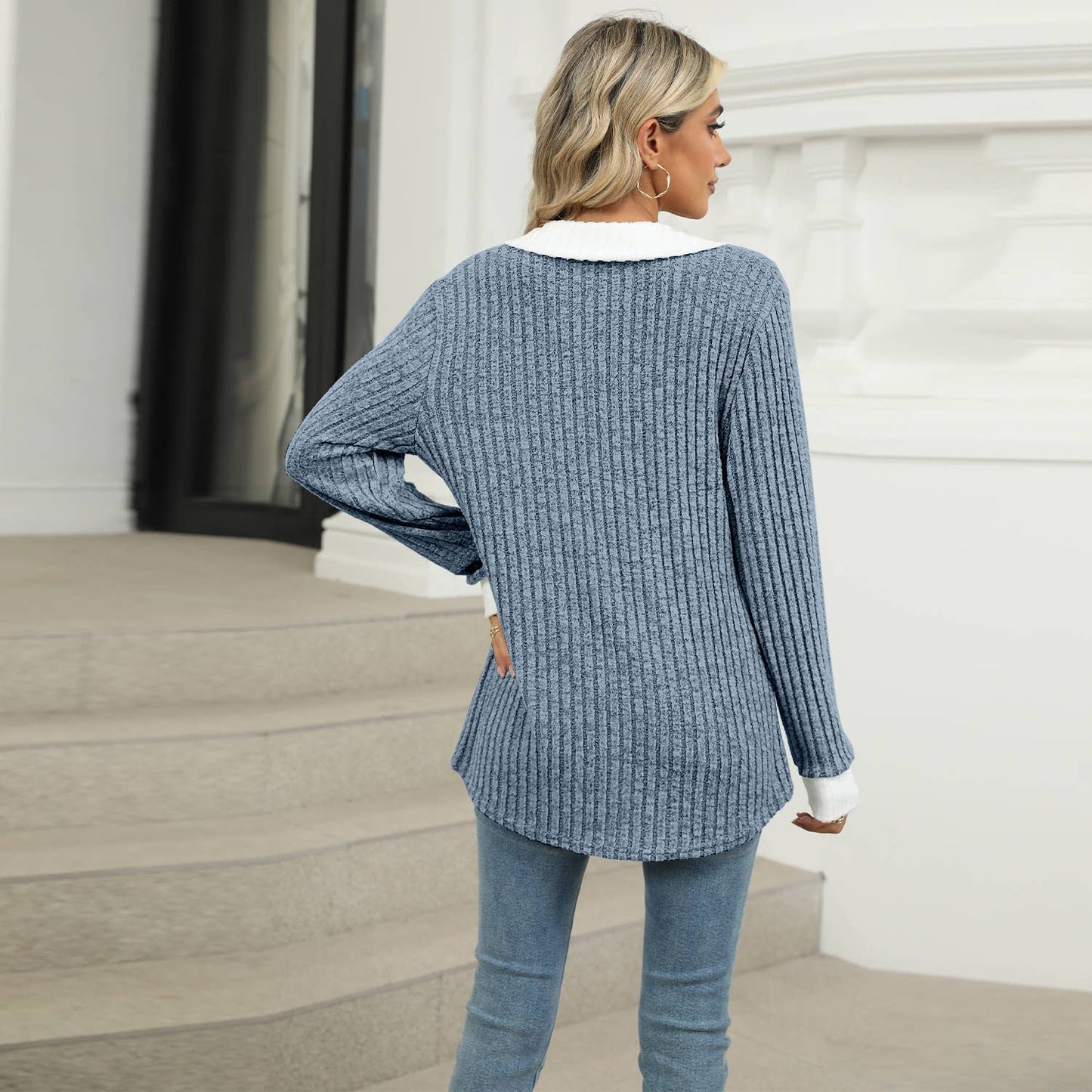 COLOR CONTRAST LAPEL LONG SLEEVE LOOSE T-SHIRT