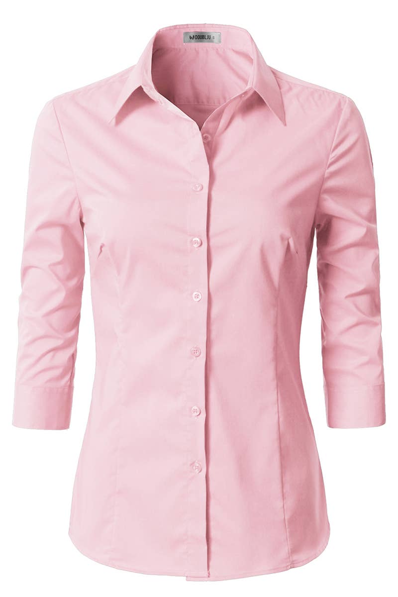 CWTSTS116_Basic Slim Fit Simple 3/4 Sleeve Button Down Shirt