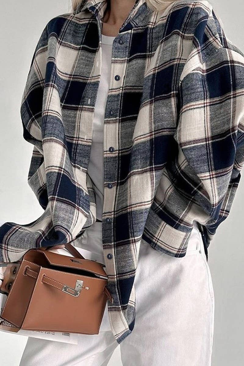 CWTSTL2587_PLAID LONG-SLEEVED LOOSE CASUAL SHIRT