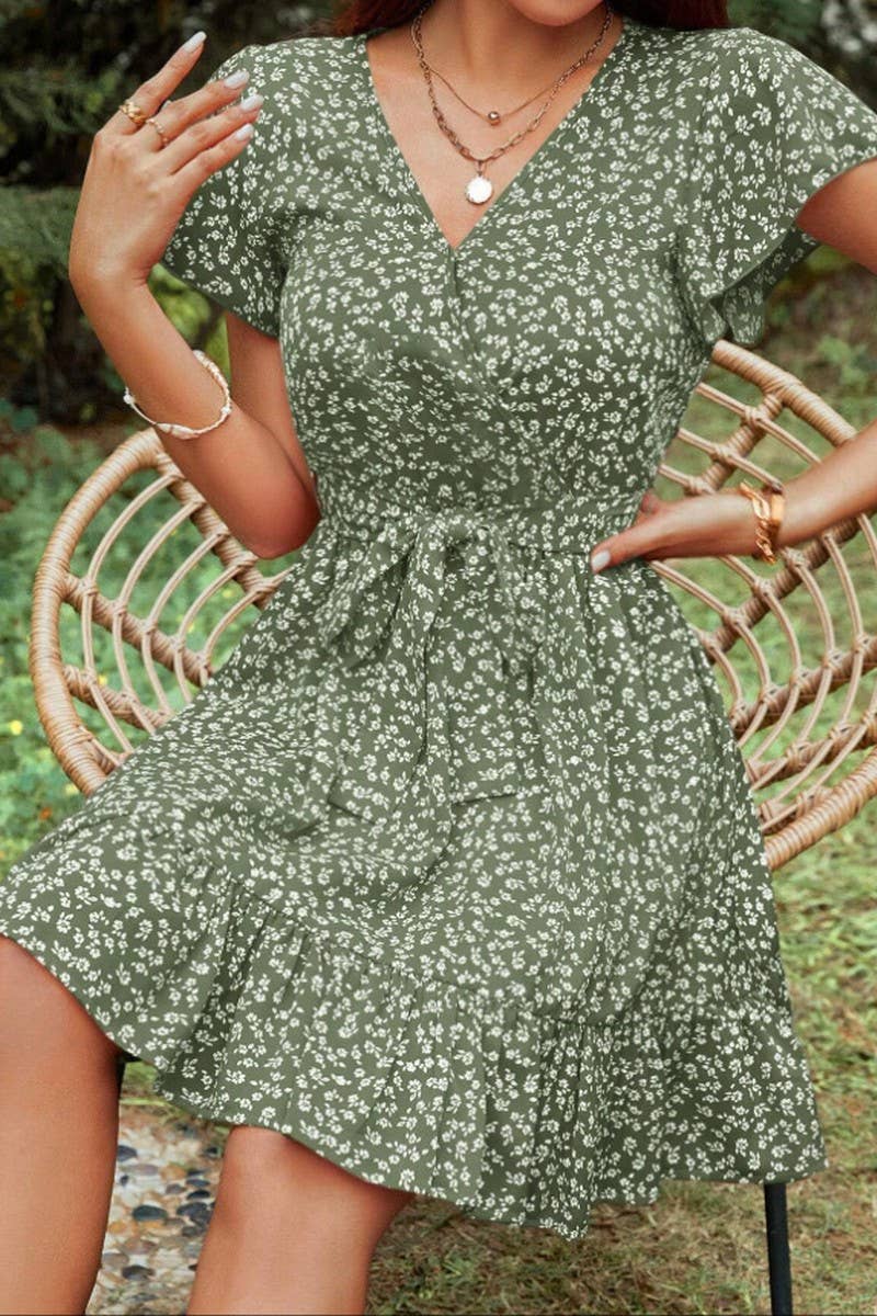 CWDSD10543_V-NECK RUFFLED SHORT-SLEEVED SEXY FLOWING DRESS