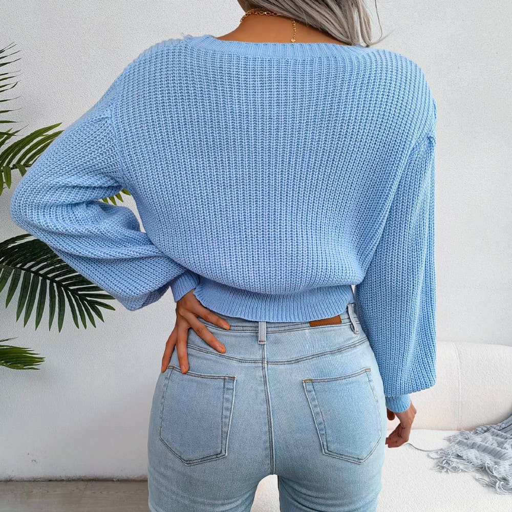 CASUAL TWIST LANTERN SLEEVE WAIST KNIT SWEATER