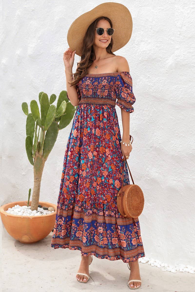 CWDMD2149_PRINTED ONE SHOULDER PUFF SLEEVE MIDI DRESS