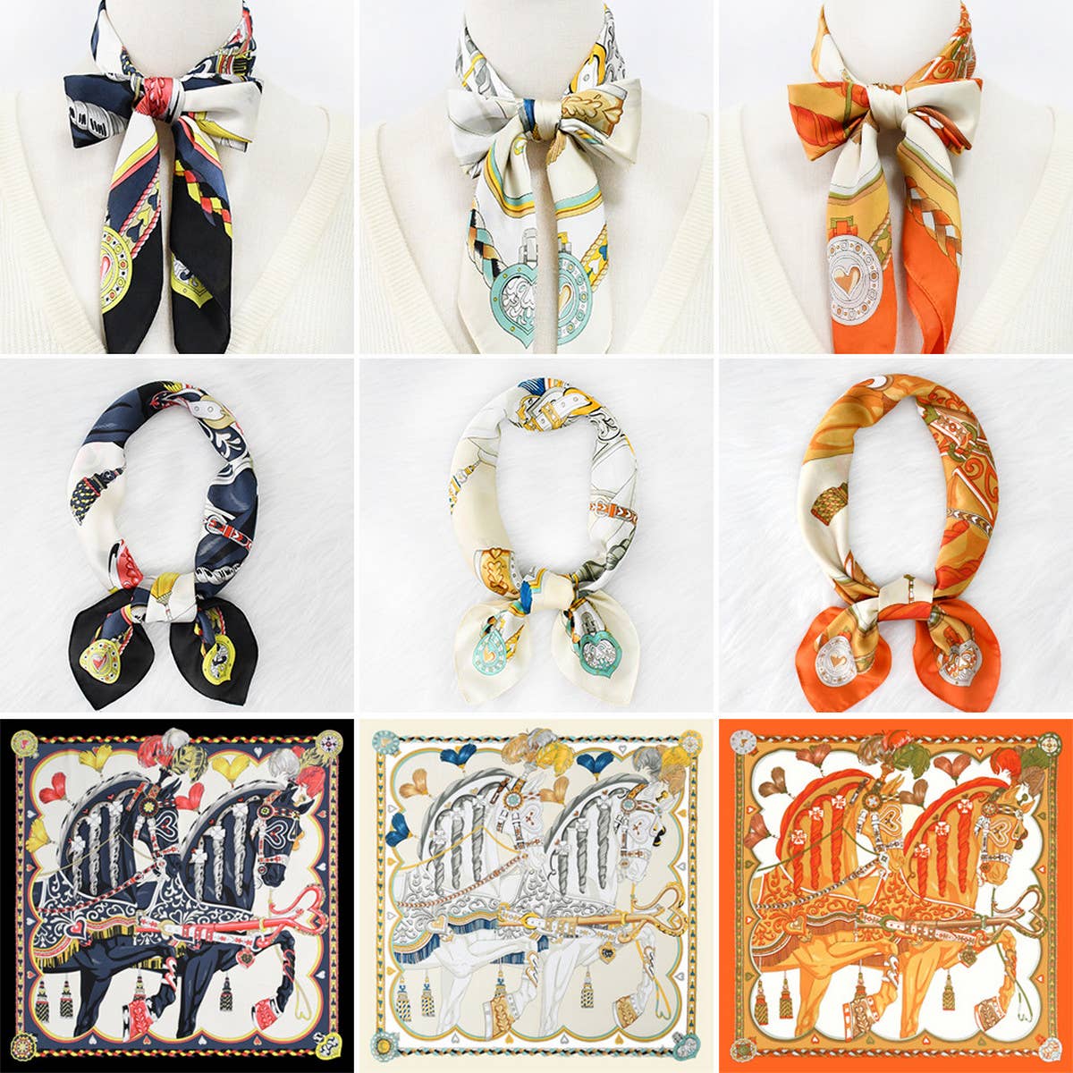 70cm Vintage Horse Print Satin Square Scarf_CWASC1151