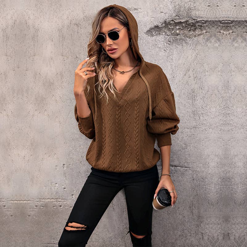 DRAWSTRING KNIT LOOSE SOLID COLOR V-NECK HOODIE