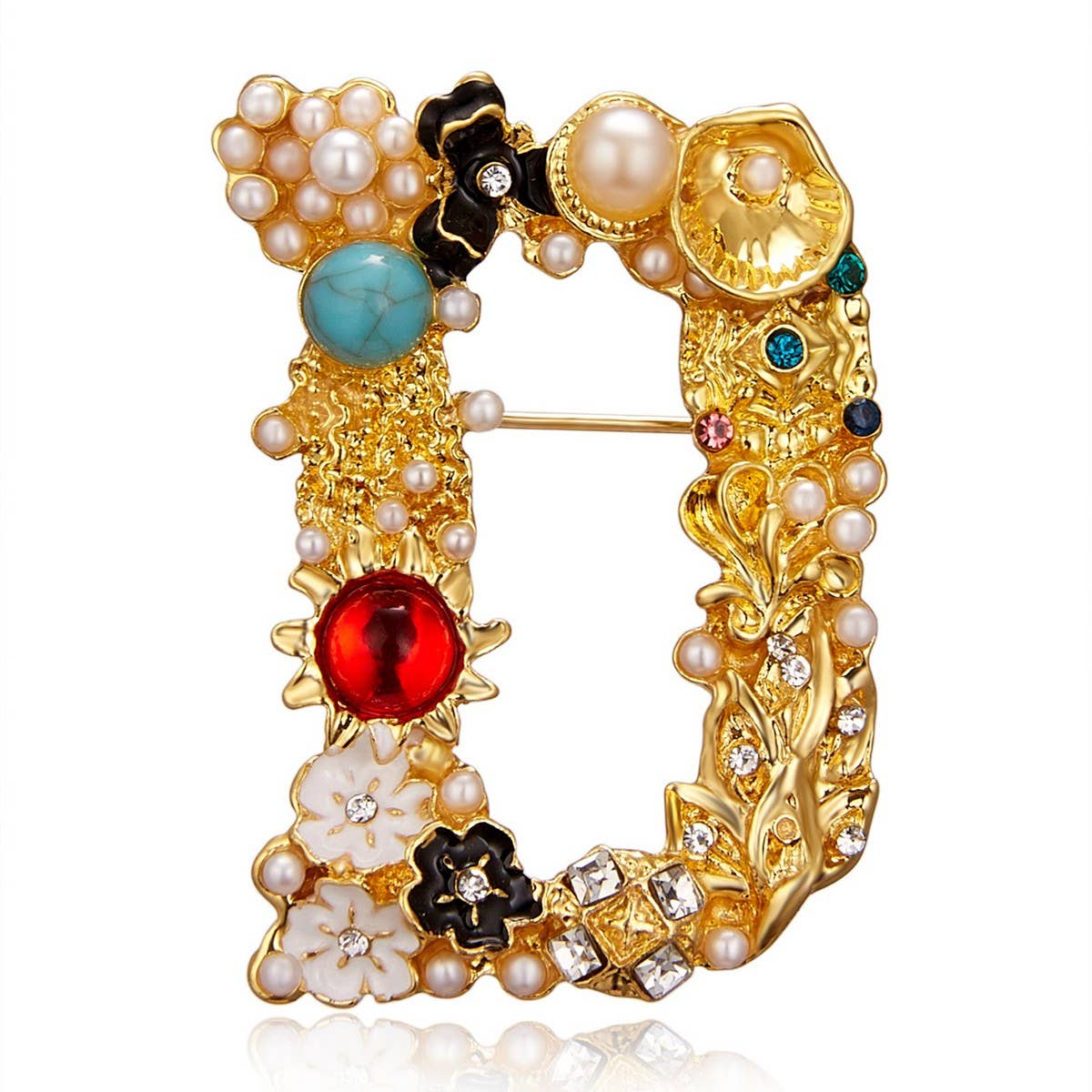 CWAJE2565_LETTER PEARL RHINESTONE OIL PAINTING BROOCH