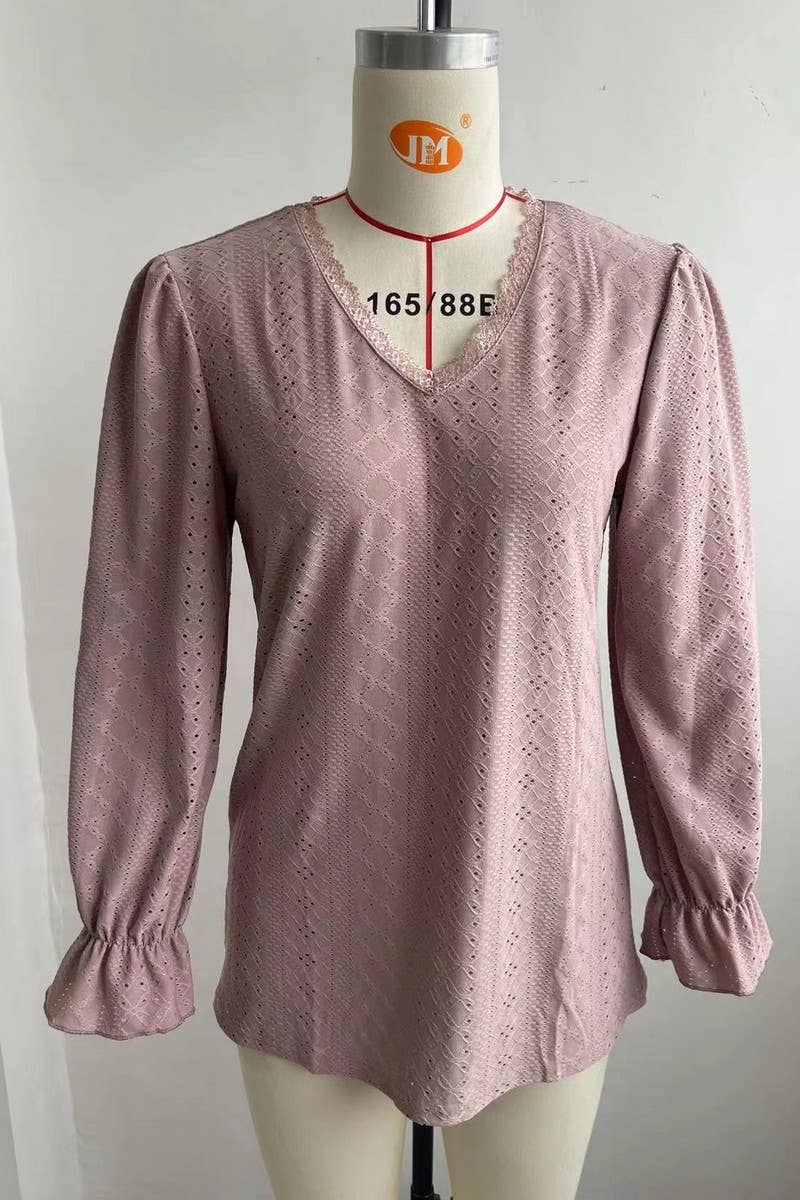 CWTBLL1046_V-NECK SOLID COLOR HOLLOW CASUAL LONG-SLEEVED TOP