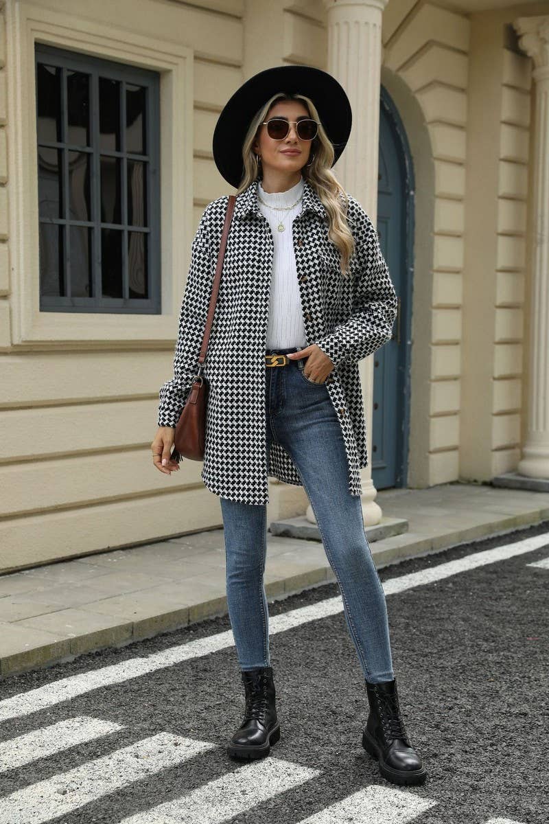 CWOCO0632_HOUNDSTOOTH LAPEL LOOSE MID-LENGTH COAT
