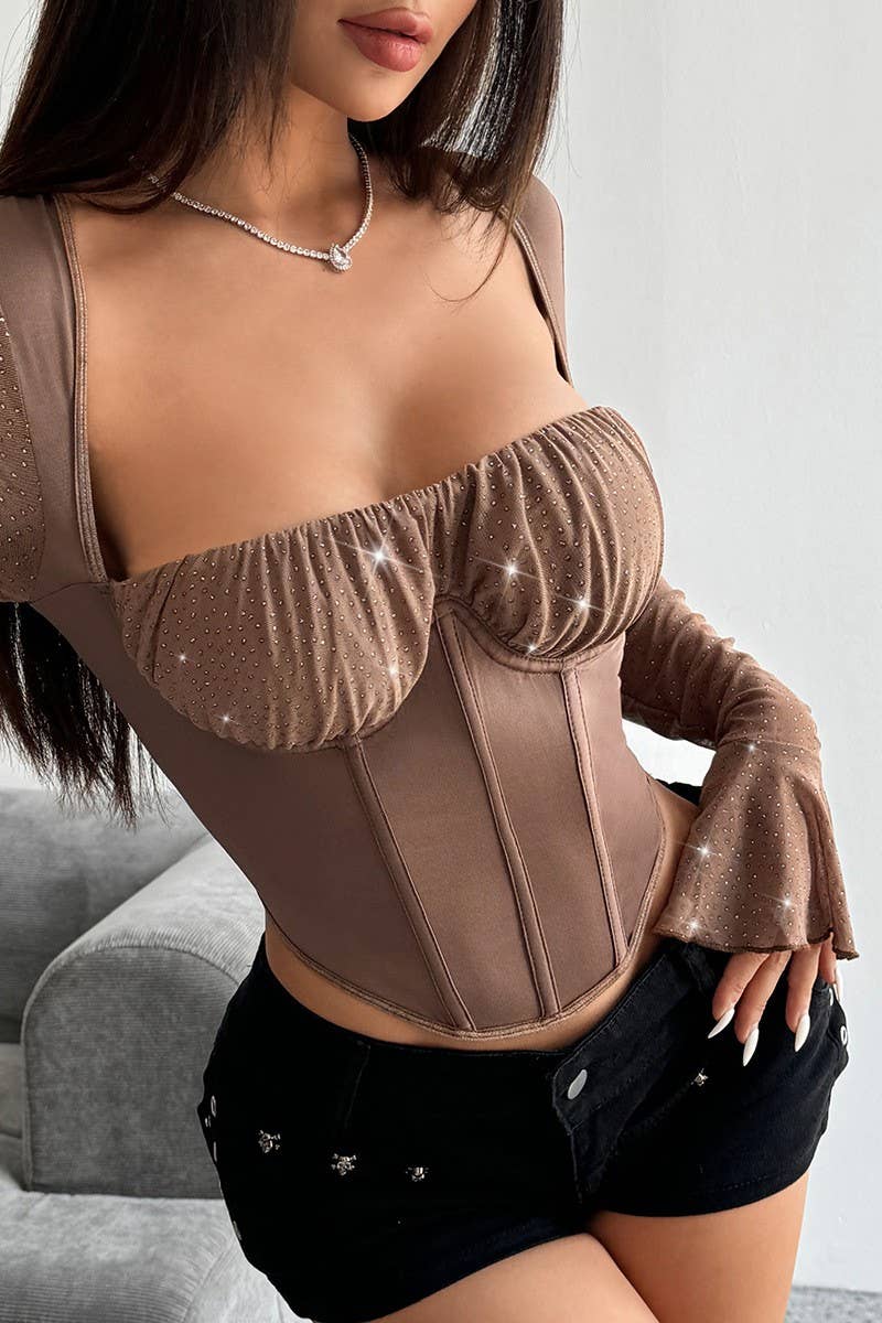 CWTBLL3648_BELL SLEEVE SEQUINED UNDERWIRED HERRINGBONE TOP