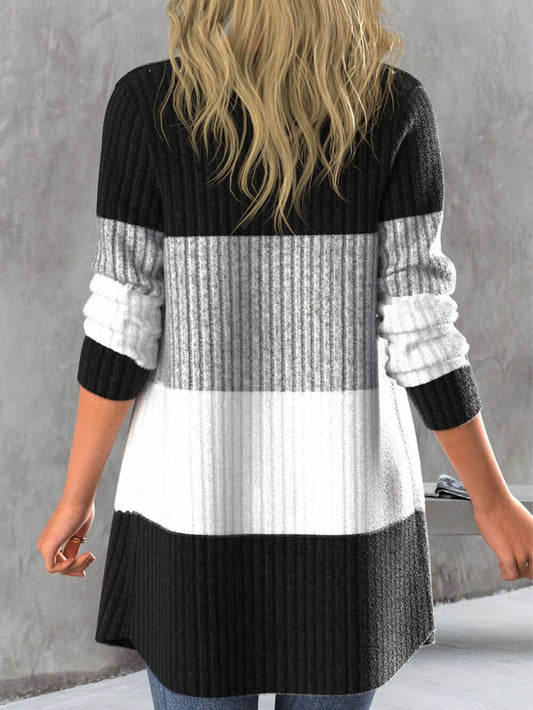 Contrast color splicing two button long cardigan