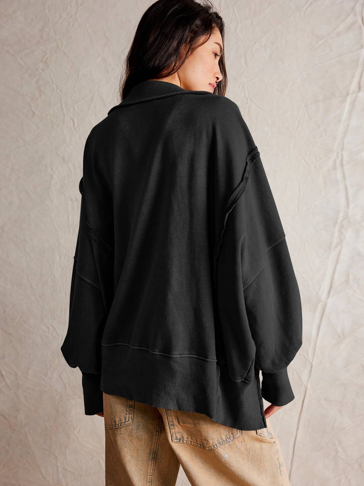 DESIGN SENSE SLIT LANTERN SLEEVE POLO COLLARHOODIE