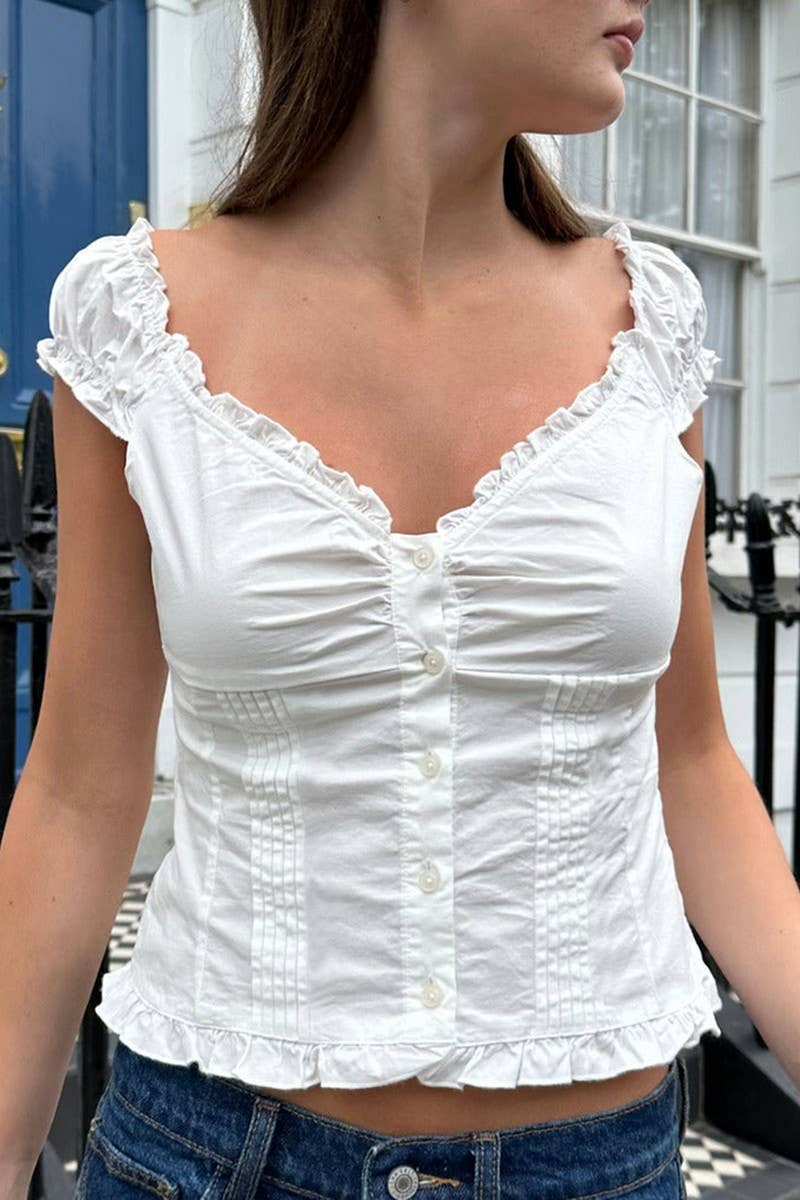 CWTBLSL0622_SOLID COLOR RUFFLED V-NECK T-SHIRT VEST TOP