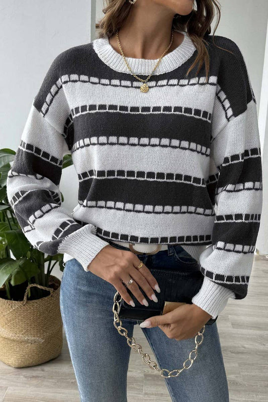 CWTTT00023_WOMEN COLORBLOCK STRIPED CASUAL KNIT PULLOVER