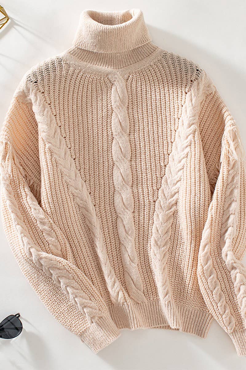 CWOSWL2810_FRINGED CABLE KNIT LONG SLEEVE PULLOVER SWEATER