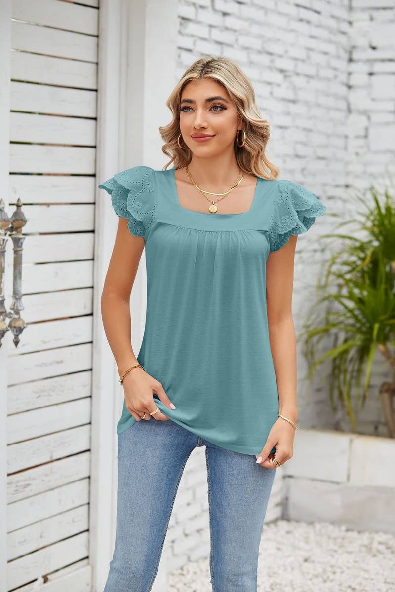 CWTTSL0245_Squre Neck Ruffle Sleeveless Knit Top