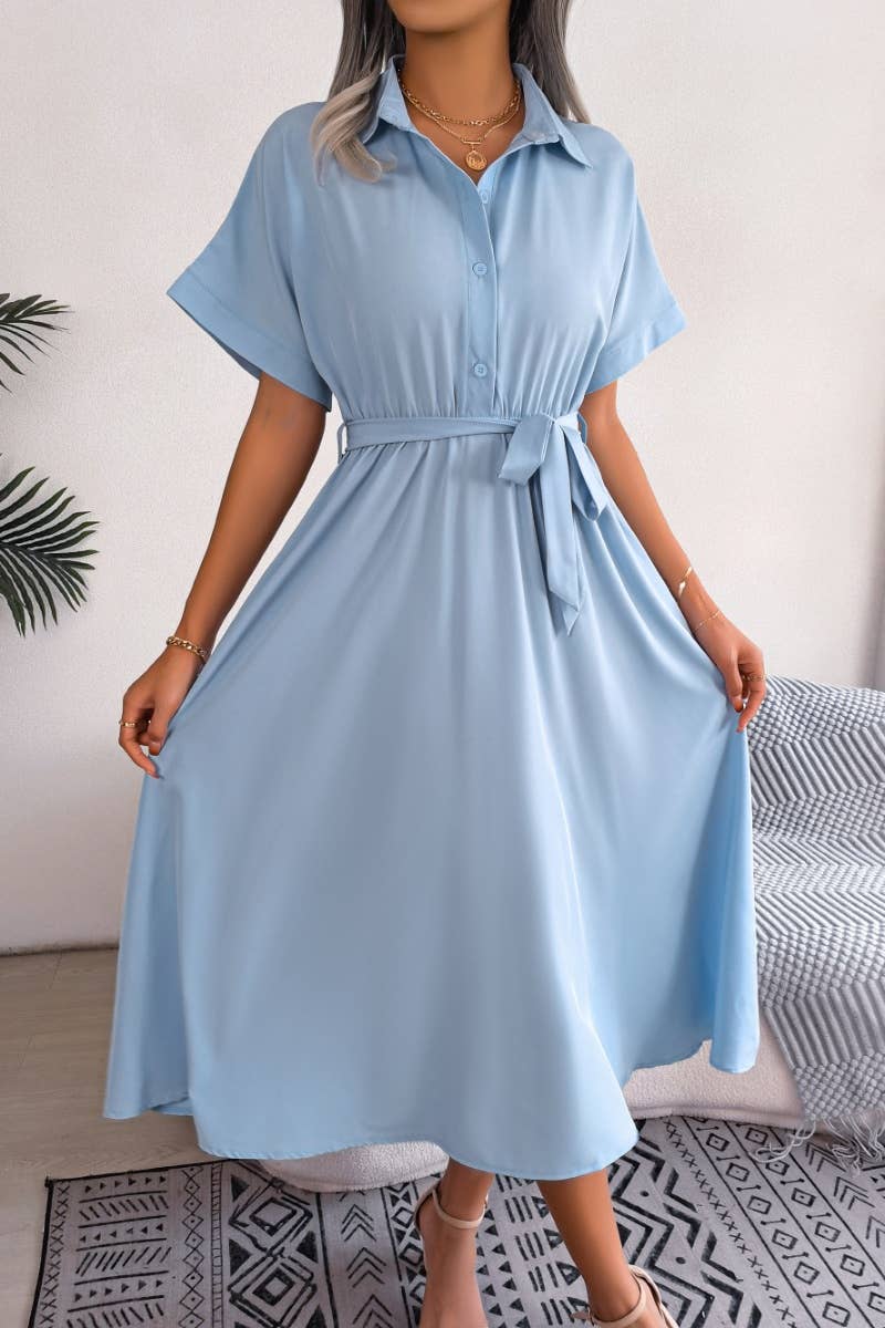 CWDMD2660_SUMMER CASUAL LOOSE LACE-UP SHIRT DRESS LONG