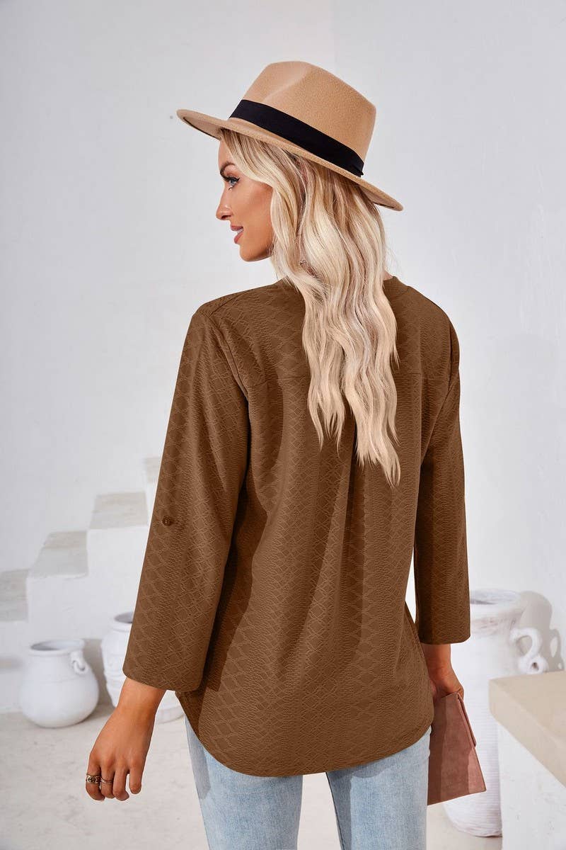 CWTBLL2375_SOLID COLOR V-NECK THREE-QUARTER SLEEVE TOP