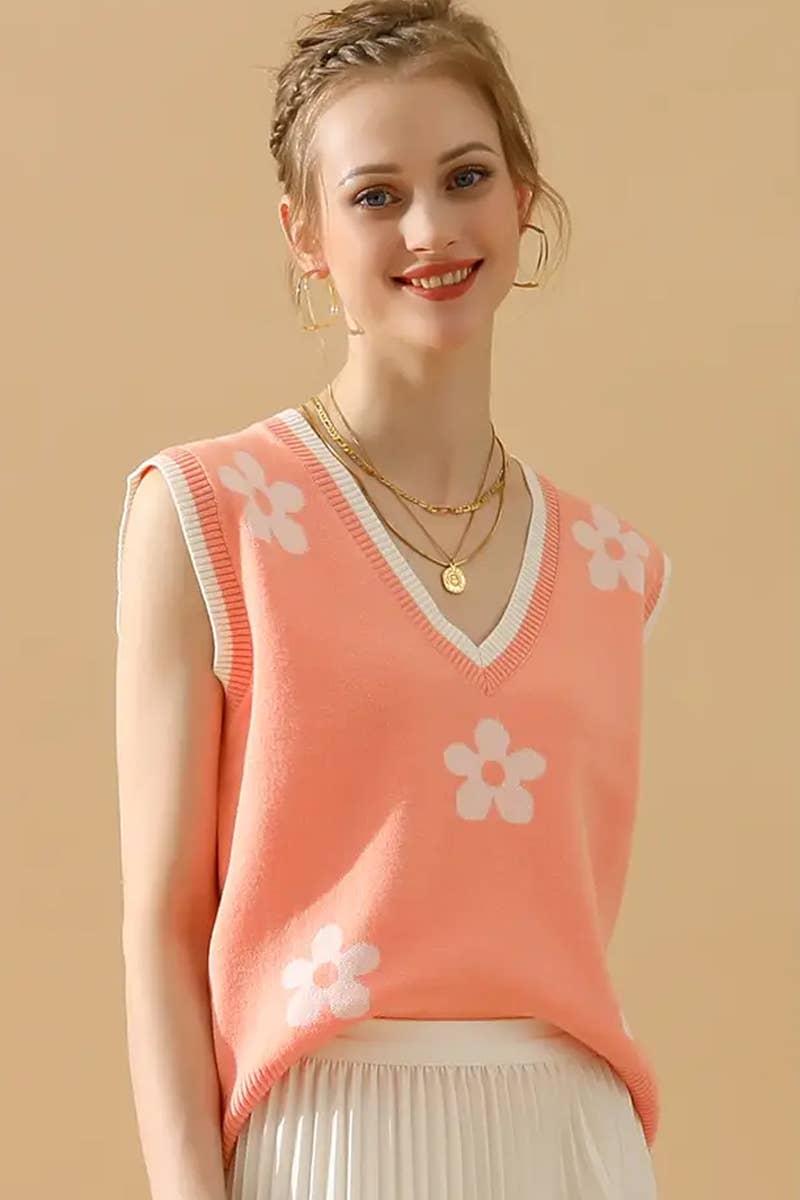 CWTBLS1762_SPRING AND SUMMER V-NECK SLEEVELESS FLORAL VEST