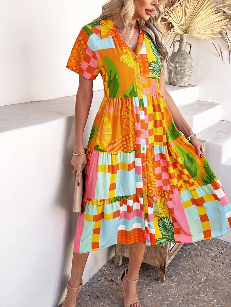 Casual Bohemian high-waisted color contrast dress