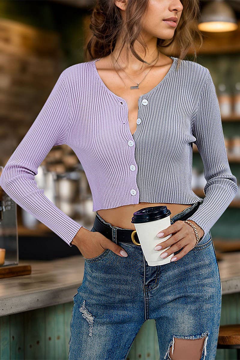 CWTTL1970_NEW AUTUMN CONTRAST COLOR STITCHING V-NECK SWEATER