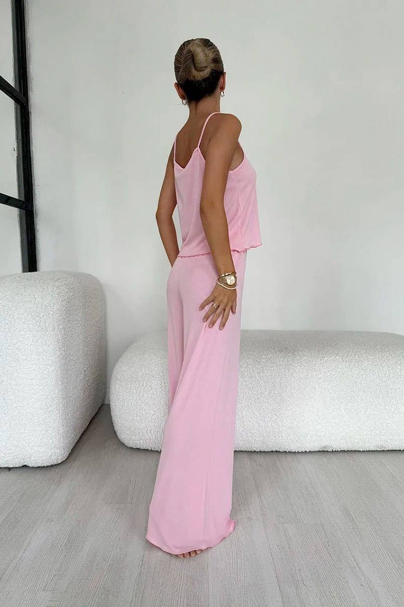 CWSPJ0244_KNITTED SUSPENDER TOP AND PANTS HOME WEAR SET