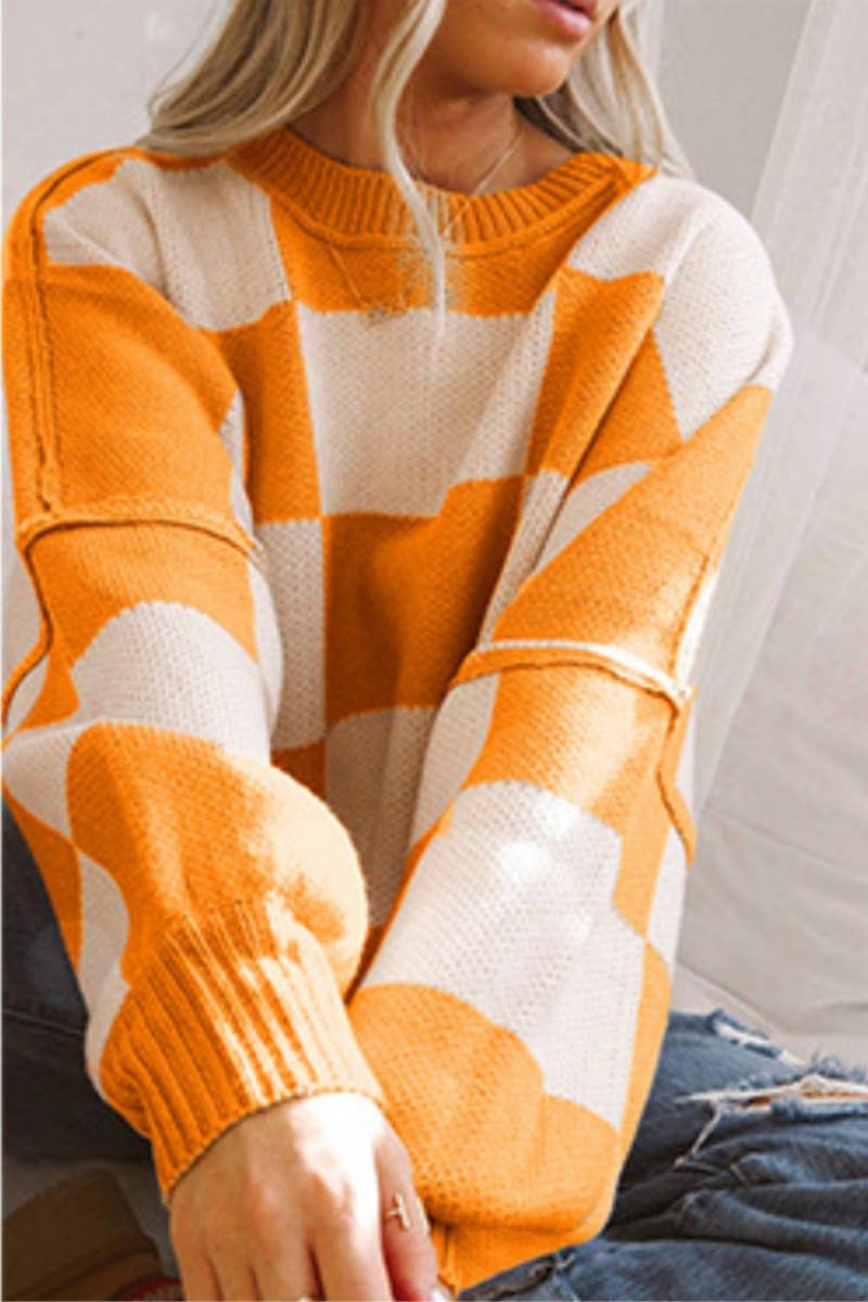 CWOSWL6673_PLAID COLOR CONTRAST LONG-SLEEVED SWEATER