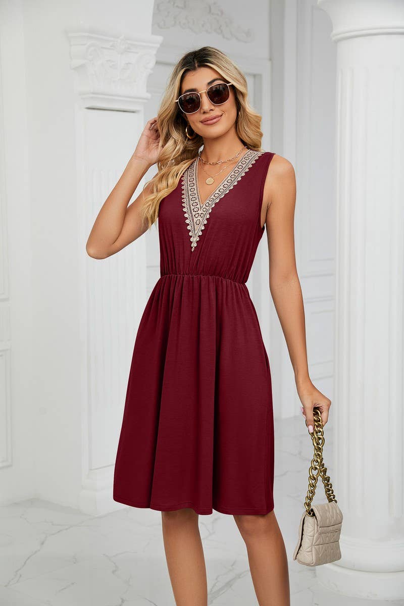 CWDSD3116_V-Neck Lace Trim Sleeveless Dress