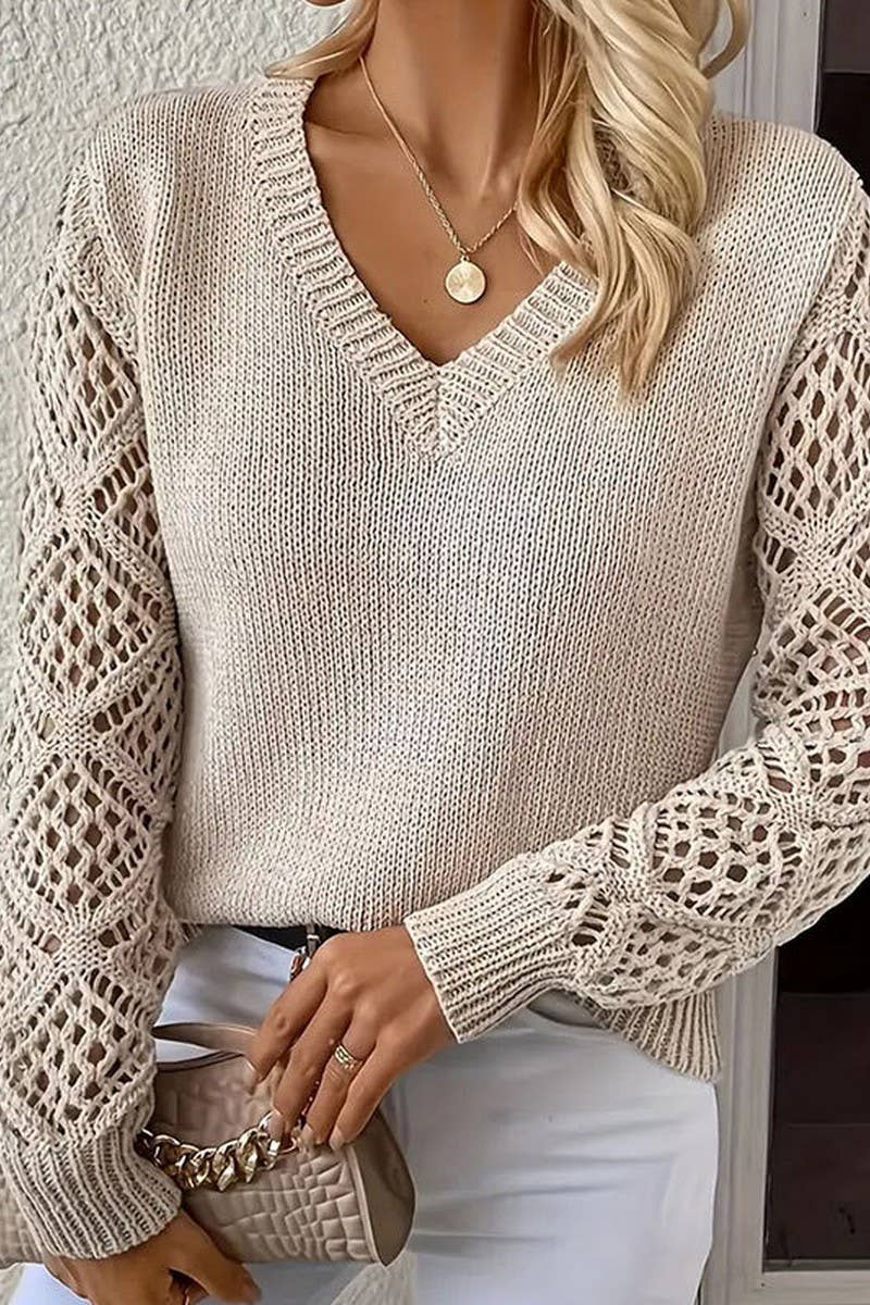 CWOSWL5807_HOLLOW LONG SLEEVE V-NECK PULLOVER KNIT TOP