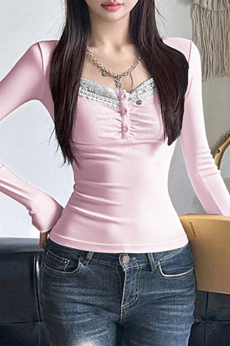 CWTBLL01047_LACE SLIM-FIT LONG-SLEEVED BOTTOMING T-SHIRT TOP