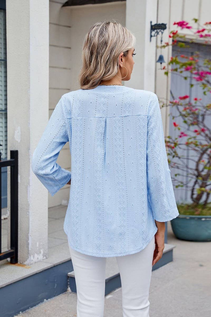 CWTBLS1721_SOLID COLOR V-NECK THREE-QUARTER SLEEVE TOP