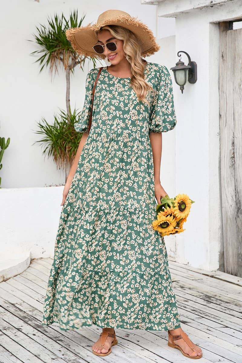 CWDMD4104_LOOSE ROUND NECK SHORT SLEEVE FLORAL DRESS