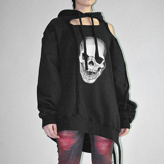 CONTRAST COLOR LOOSE CASUAL SKULL PRINT HOODIE