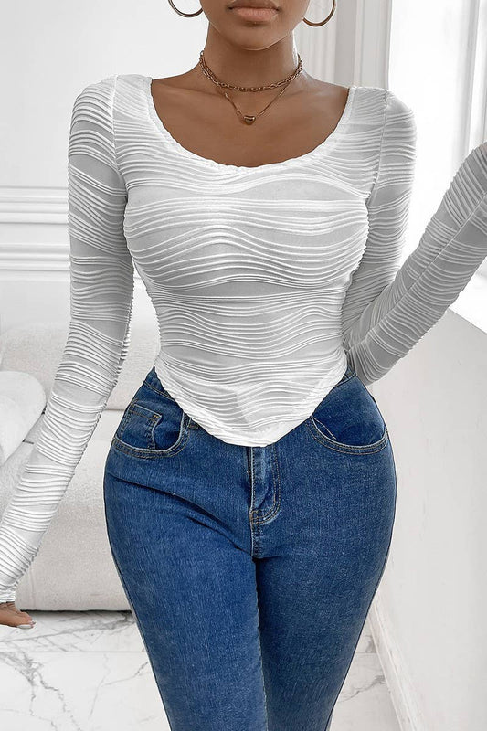 CWTTL1975_CURVED TEXTURED ROUND NECK SLIM FIT SEXY T-SHIRT