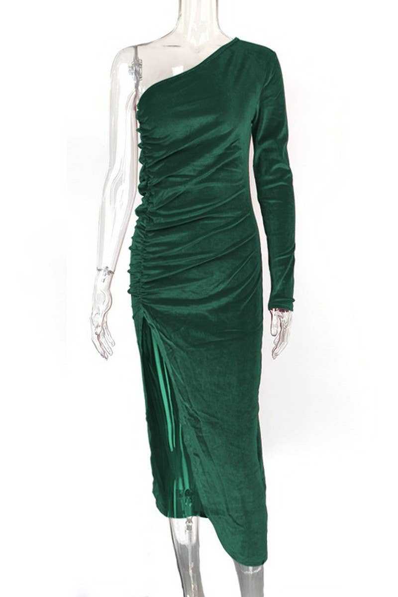 CWDMD4696_2024 NEW SLIT DRESS SEXY SLIM ONE SHOULDER DRESS