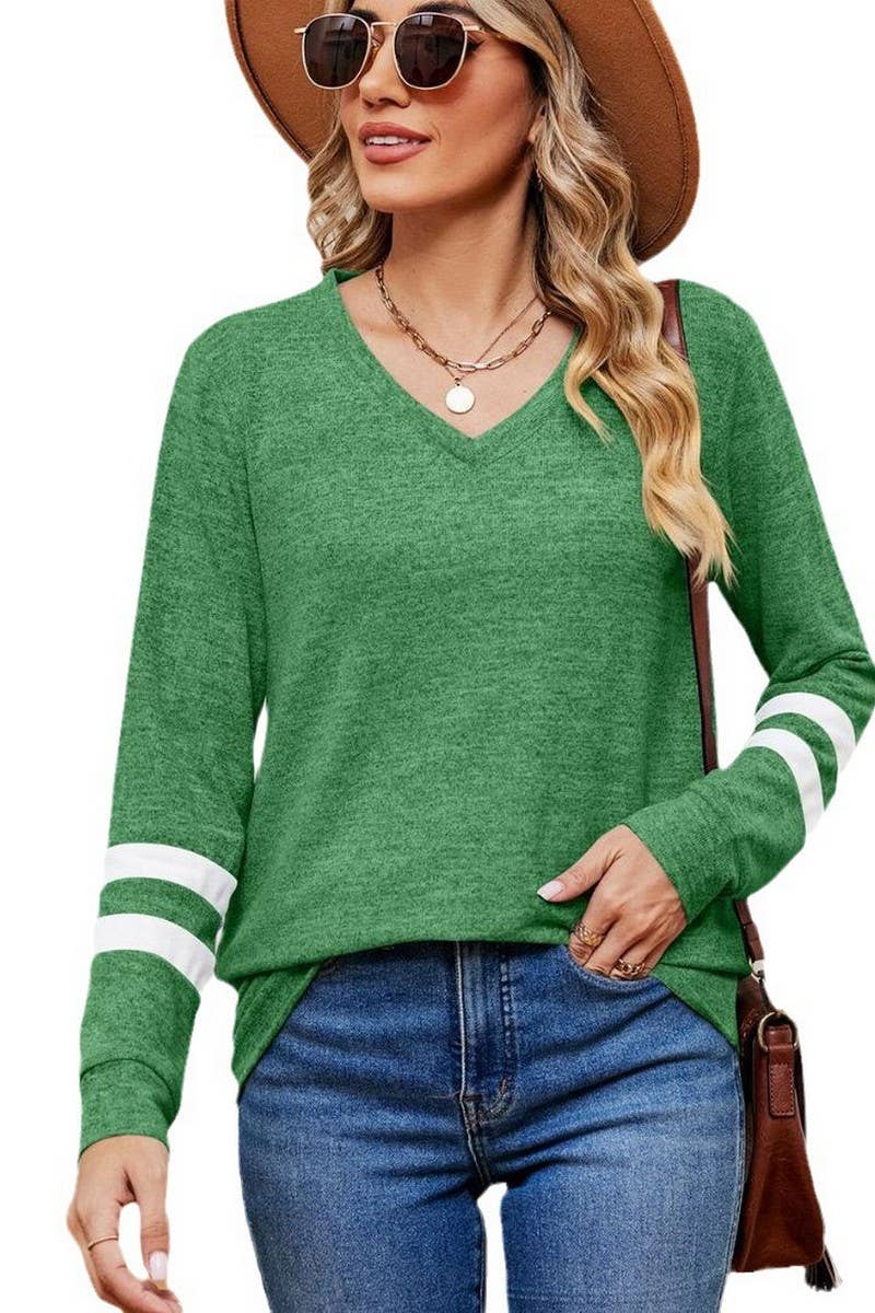 CWTBLL2392_V-NECK LONG-SLEEVED CONTRAST COLOR LOOSE TOP