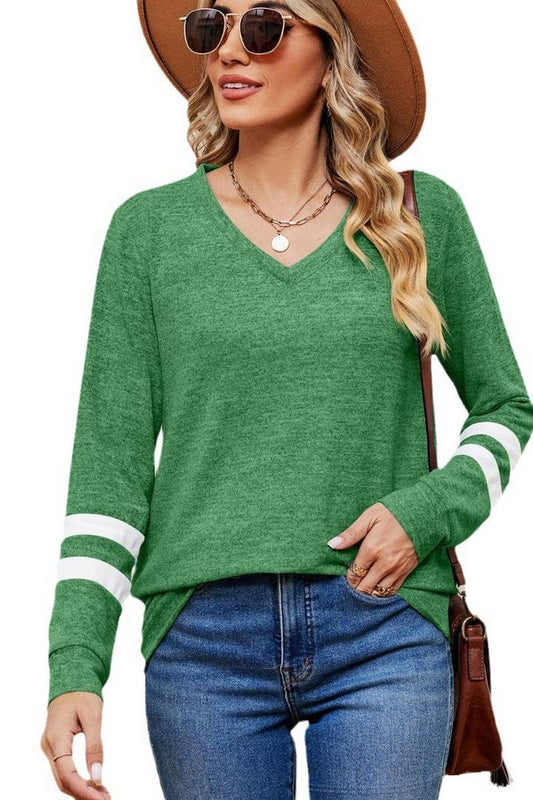 CWTBLL2392_V-NECK LONG-SLEEVED CONTRAST COLOR LOOSE TOP