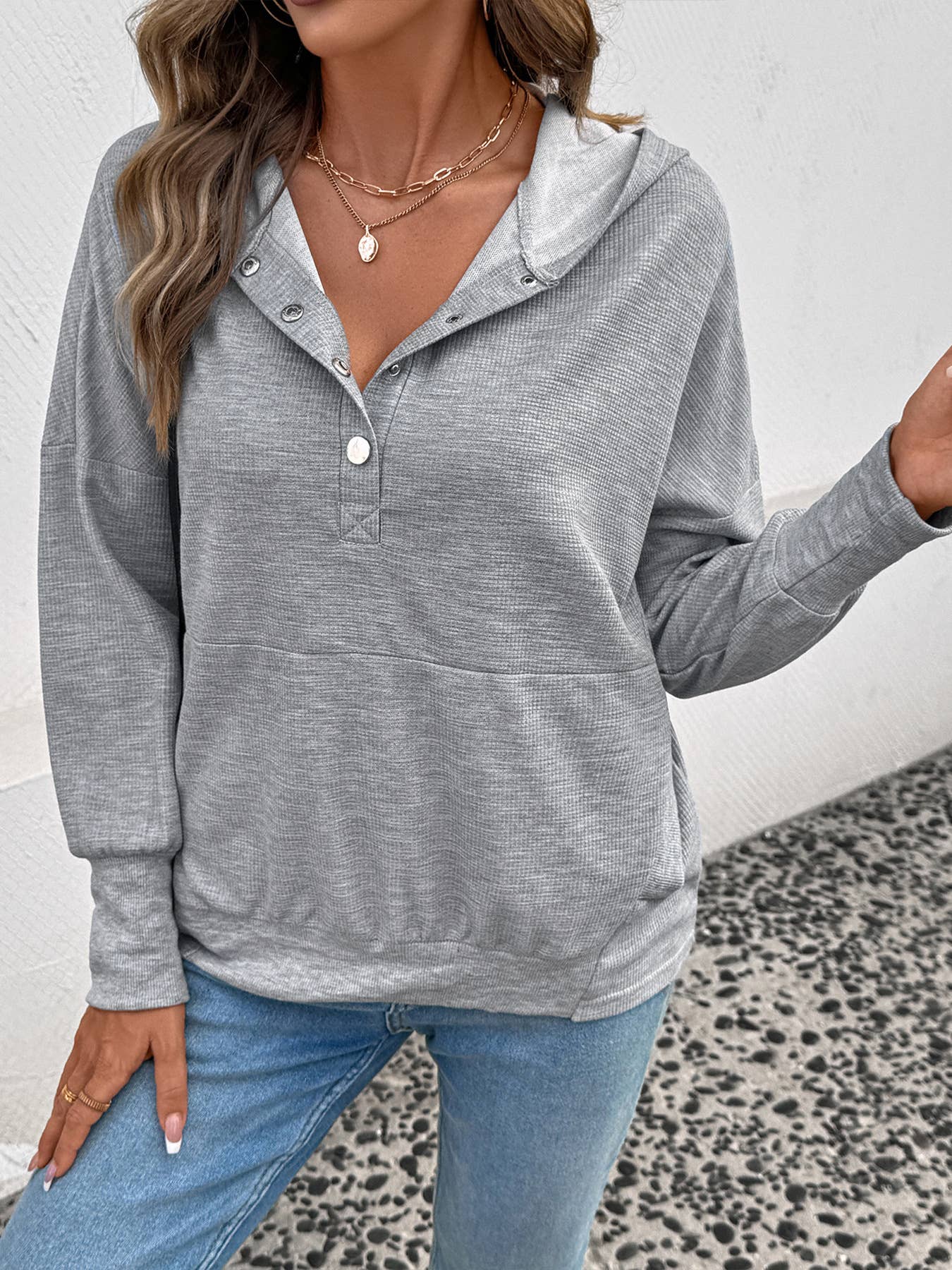 Casual hooded solid color waffle sweatshirt