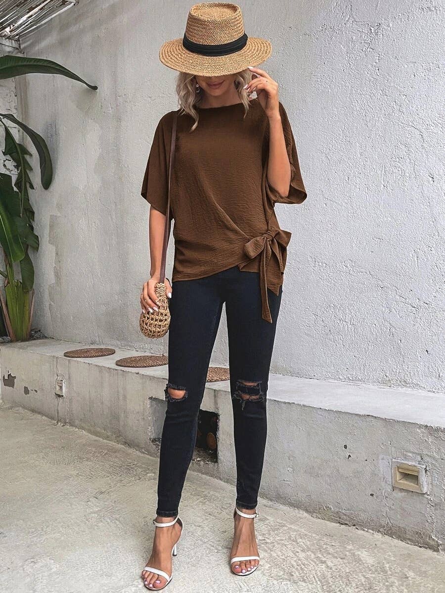 BATWING SLEEVED HEM KNOT LOOSE BLOUSE