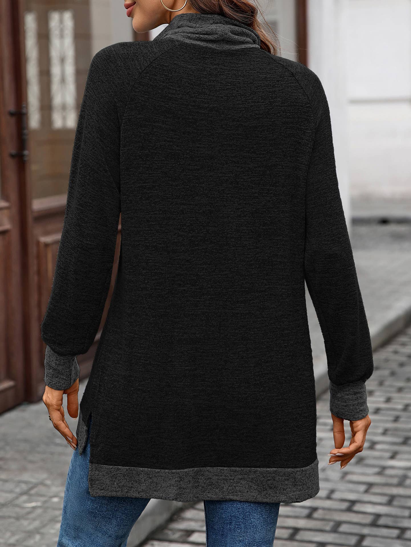 Color-blocking high-neck loose long-sleeved Top