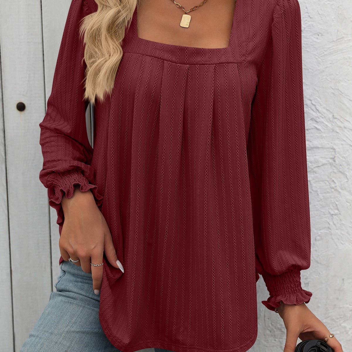 Casual square neck pleated long sleeve T-shirt