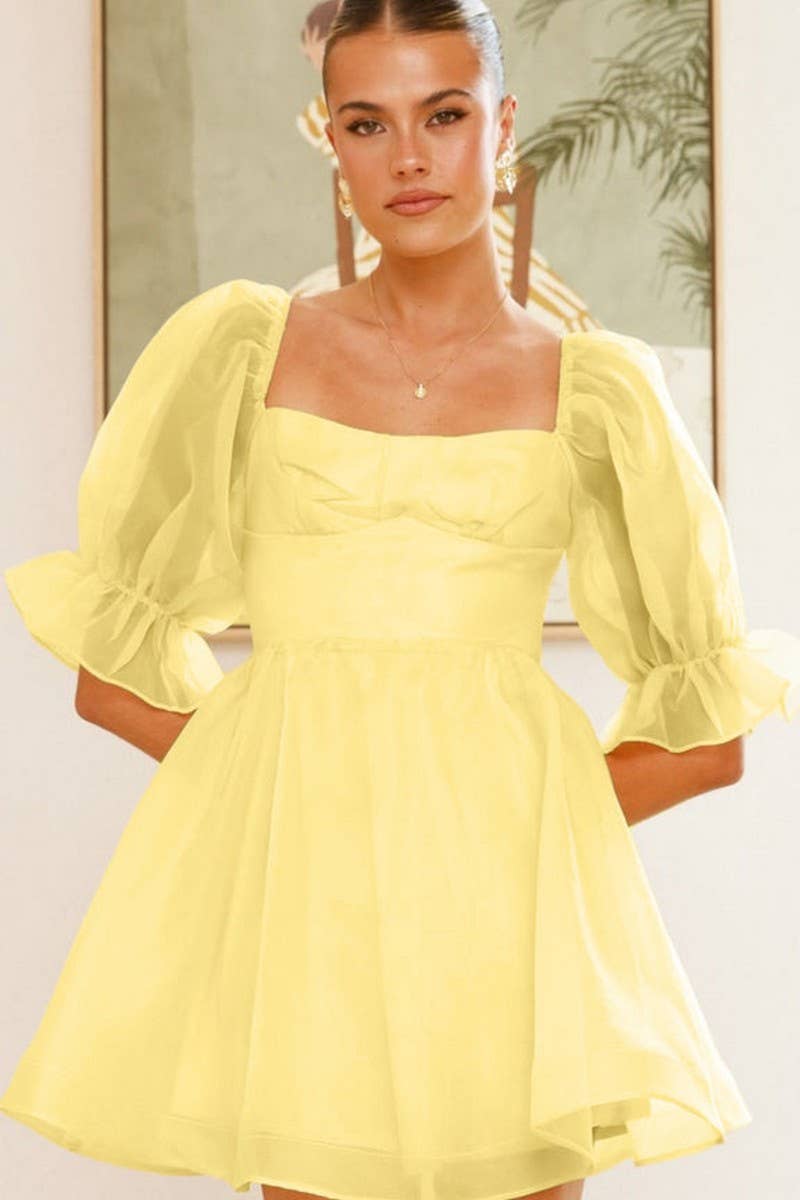 CWDSD8752_SUMMER ORGANZA SOLID COLOR RETRO PUFF SLEEVE DRESS