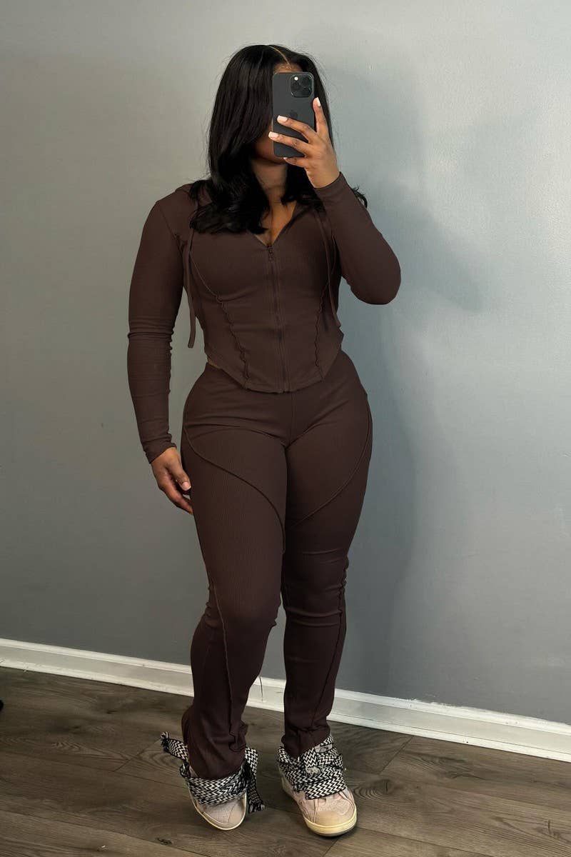 CWSTB1492_HOODED ZIPPER LONG SLEEVE PANTS TWO-PIECE SET