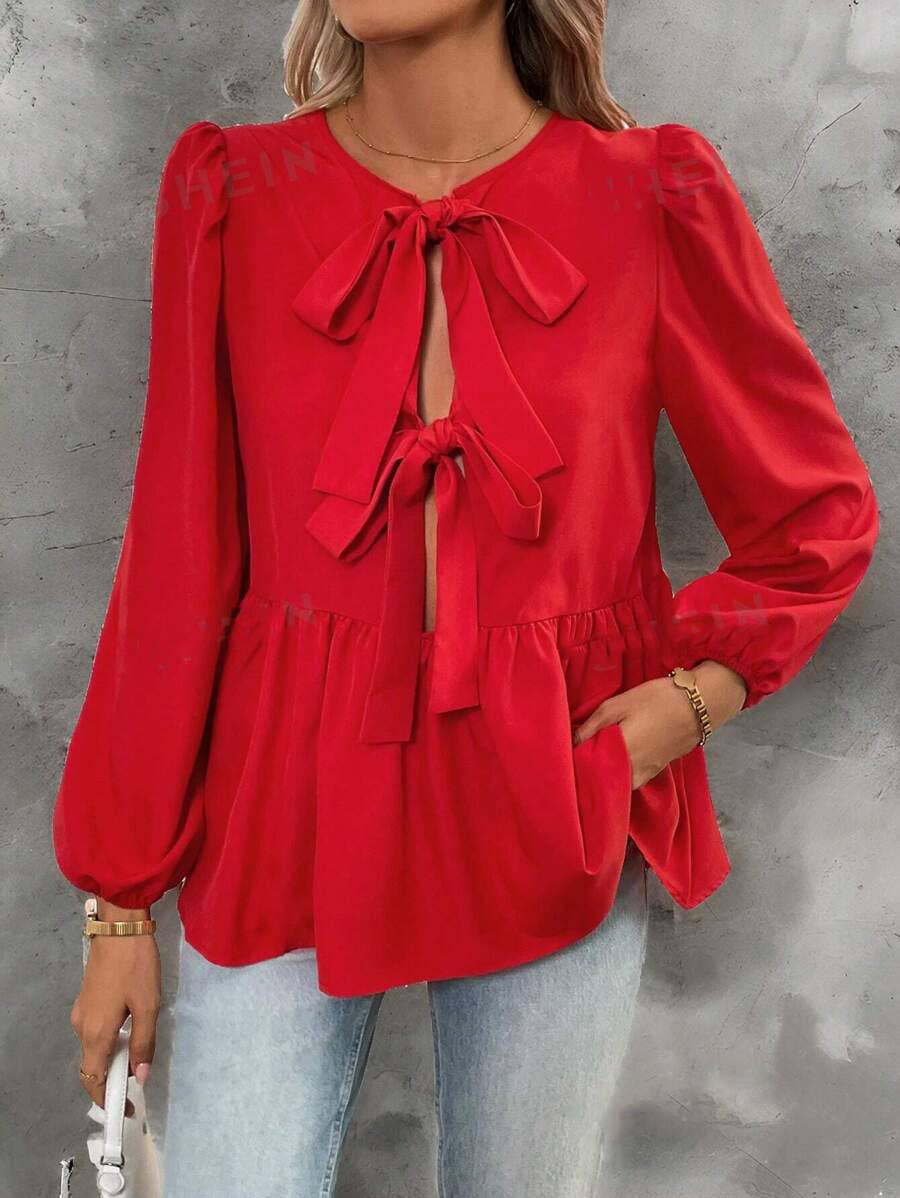 BOW LANTERN SLEEVE BUBBLE DOUBLE-SIDED SHIRT